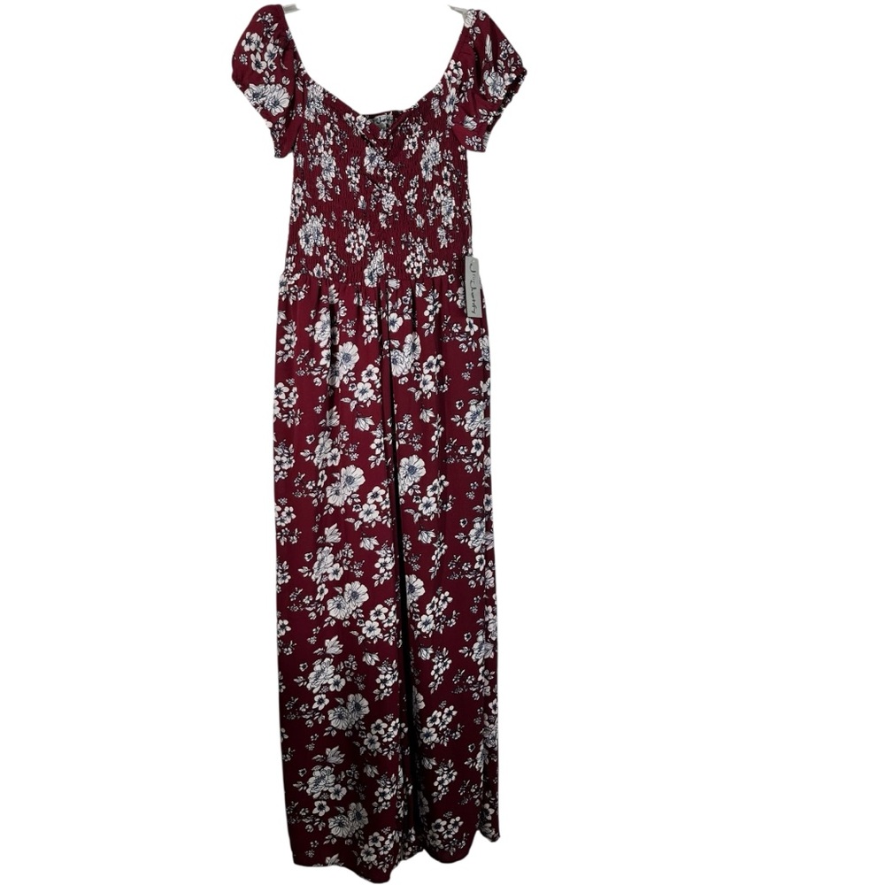 J for Justify Maroon Floral Wide Leg Pull On Stretch Jumpsuit Large L Romper NWT